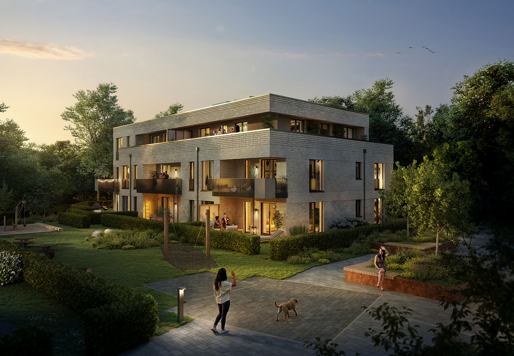 final; 3d; mehrfamilienhaus; außen; wohnen; tag; still; vermarktung; fotorealismus; Randelpark; Hamburg; Poppenbüttler Landstraße; Friedrich-Kirsten-Straße; Otto Wulff; Lukas Nimmerjahn; Pla2A Architekten; GHP Landschaftsarchitekten;