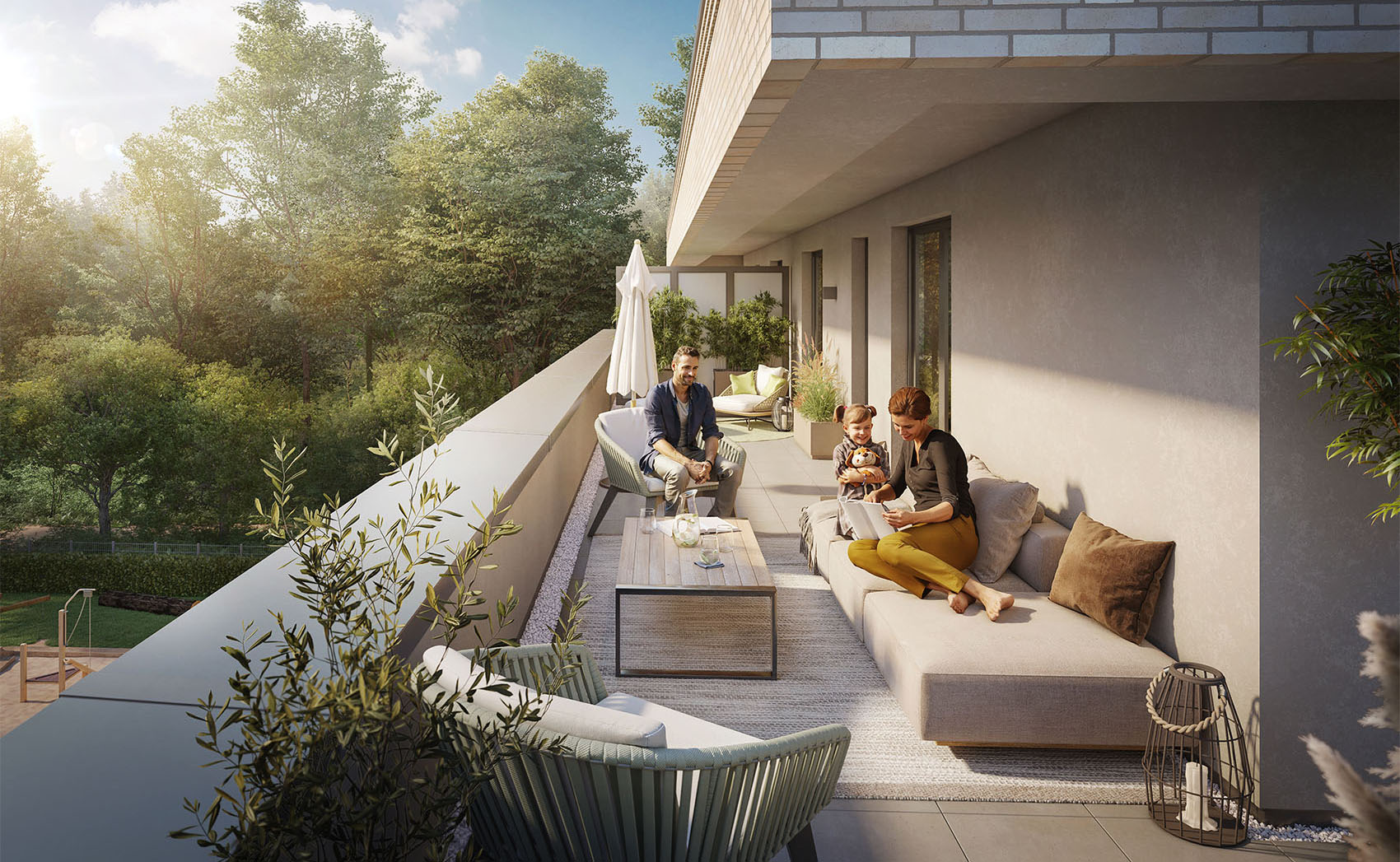 Visualisierung einer großzügigen Dachterrasse mit Sitzbereich und Blick ins Grüne