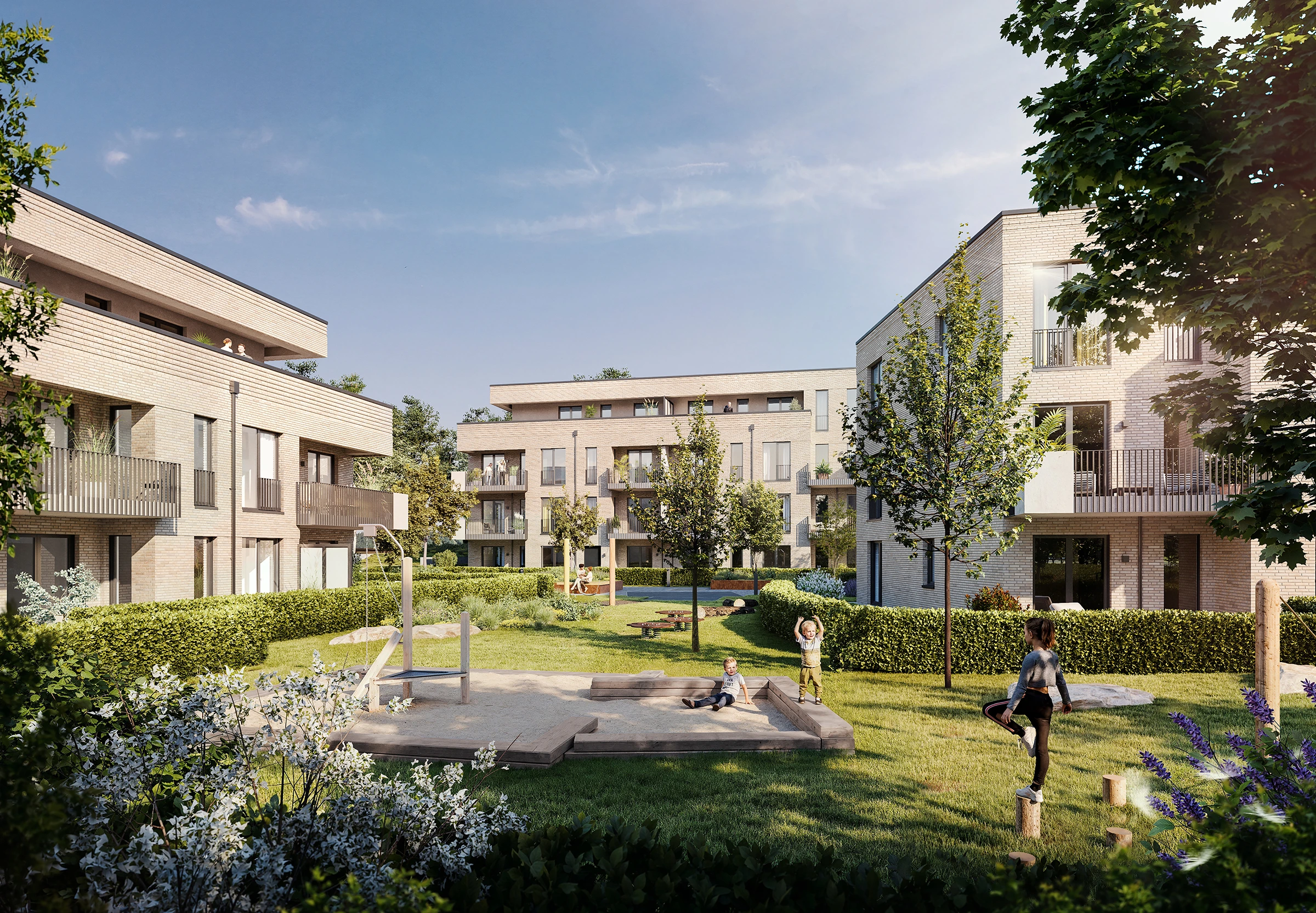 Visualisierung des Wohnquartiers FRIEDRICHS VIER mit begrüntem Innenhof und moderner Architektur