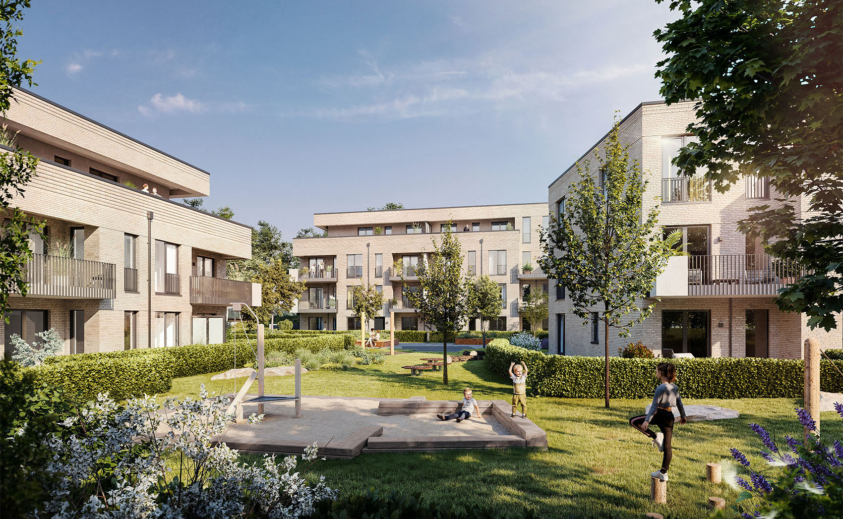 Begrünter Innenhof des Wohnquartiers FRIEDRICHS VIER mit Aufenthaltsflächen