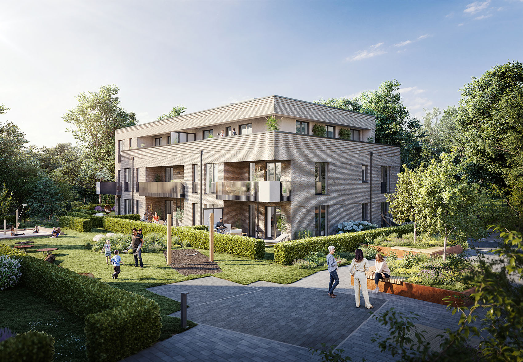 Gemeinschaftsfläche im Wohnquartier FRIEDRICHS VIER mit Wegen und Grünanlagen