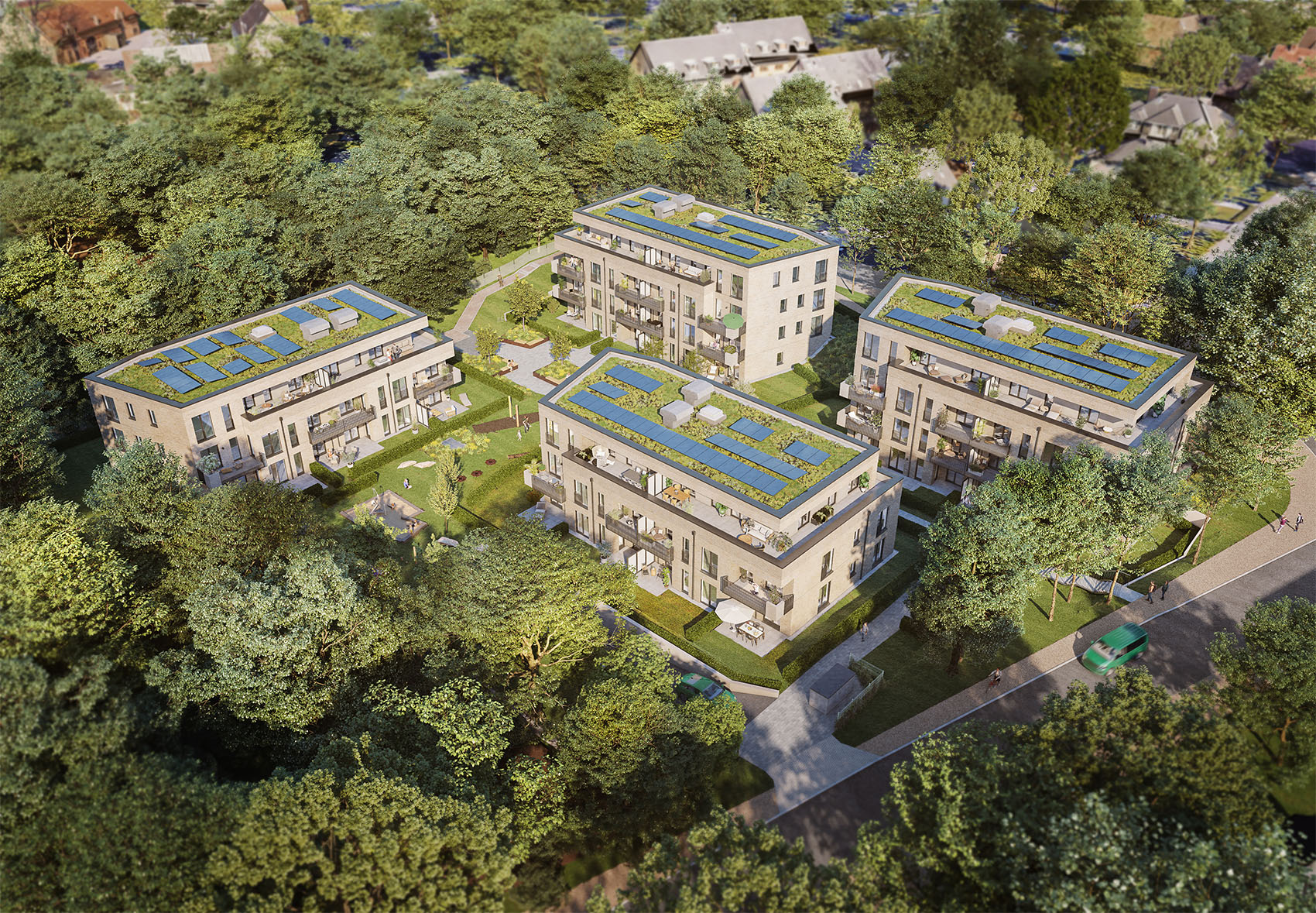Visualisierung des Wohnquartiers FRIEDRICHS VIER aus der Vogelperspektive mit vier Gebäuden im Grünen